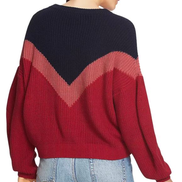1.STATE Chevron Crewneck Sweater Berry Pink Navy 100% Cotton - Small - Picture 2 of 12